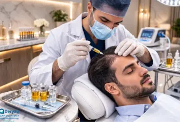 prp-vs-exosomes-hair-treatment-jeddah-clinic Dermatologist performing PRP or exosome hair treatment for hair loss in a dermatology clinic in Jeddah